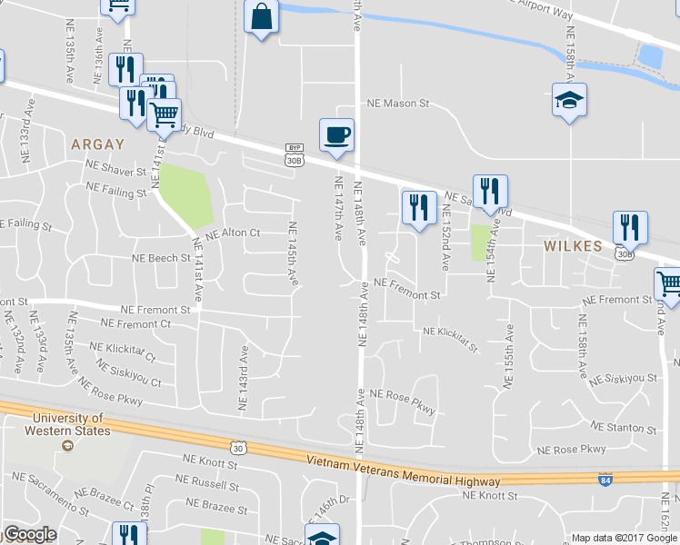 map of restaurants, bars, coffee shops, grocery stores, and more near 3609 Northeast 147th Avenue in Portland