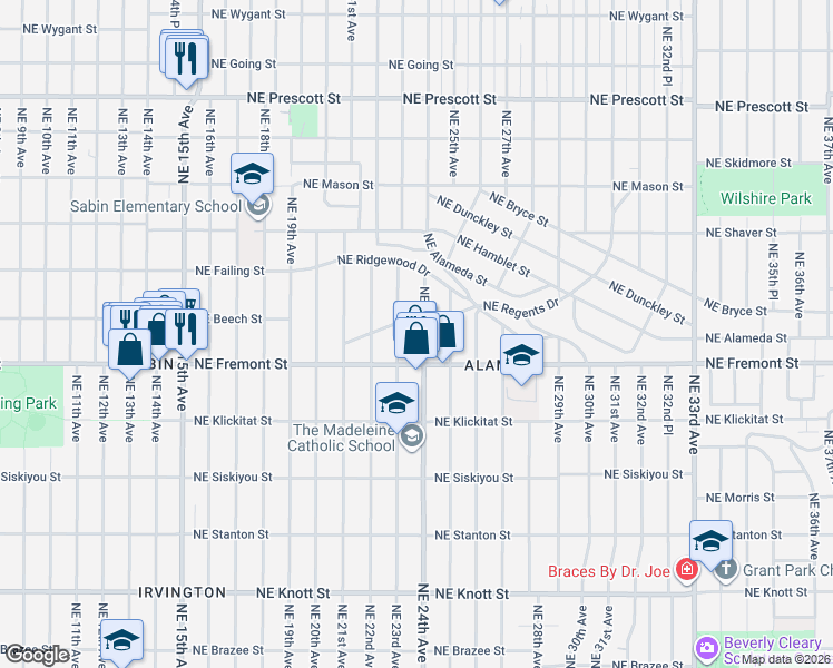 map of restaurants, bars, coffee shops, grocery stores, and more near 3613 Northeast 24th Avenue in Portland
