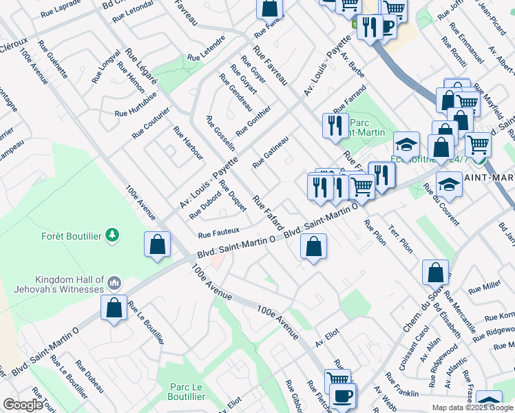 map of restaurants, bars, coffee shops, grocery stores, and more near 4477 Rue Fafard in Laval