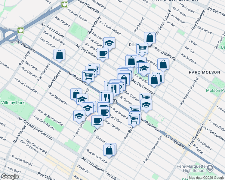 map of restaurants, bars, coffee shops, grocery stores, and more near 7205 Rue Cartier in Montréal