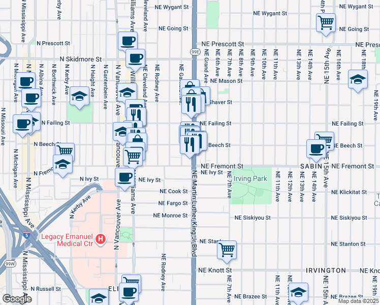 map of restaurants, bars, coffee shops, grocery stores, and more near 3606 Northeast Garfield Avenue in Portland