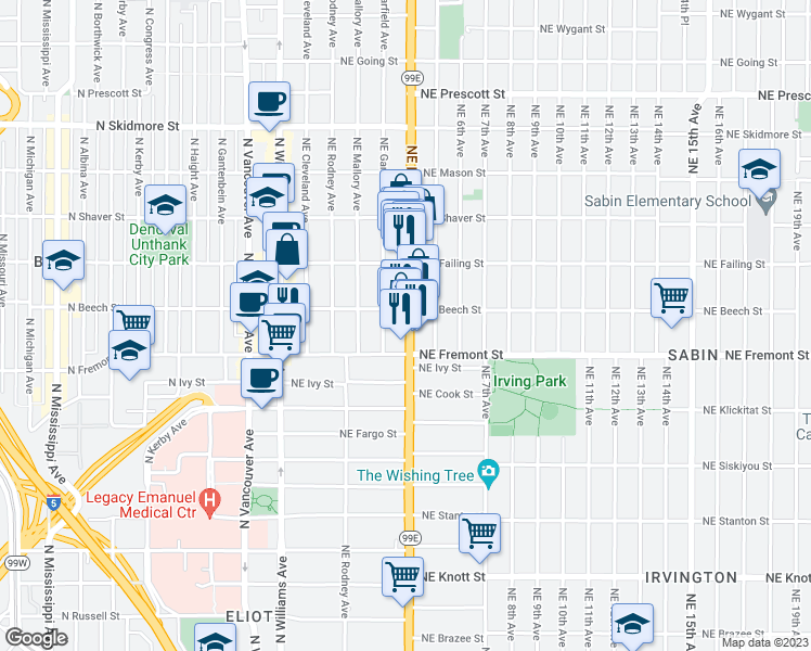 map of restaurants, bars, coffee shops, grocery stores, and more near 3601 NE Martin Luther King Jr Blvd in Portland