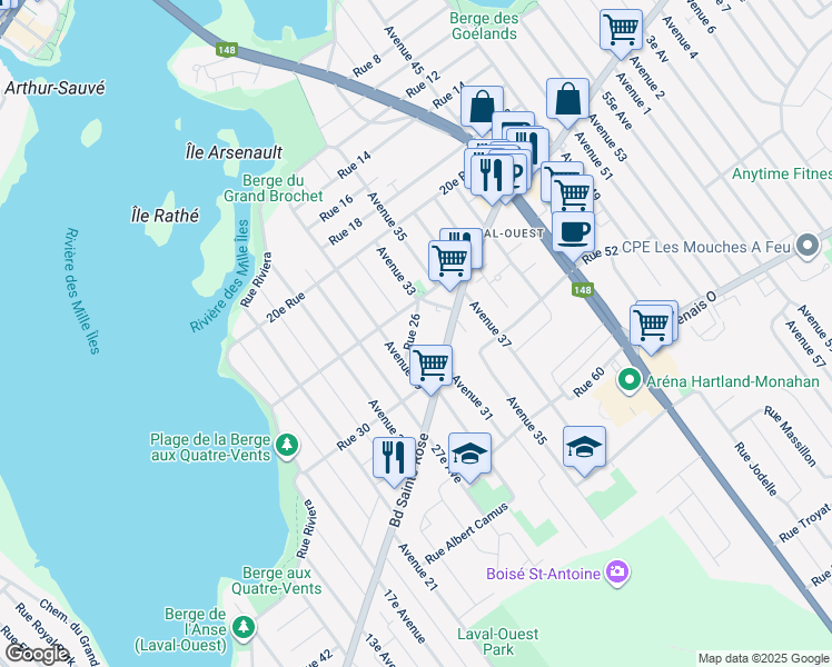 map of restaurants, bars, coffee shops, grocery stores, and more near 3140 26e Rue in Laval