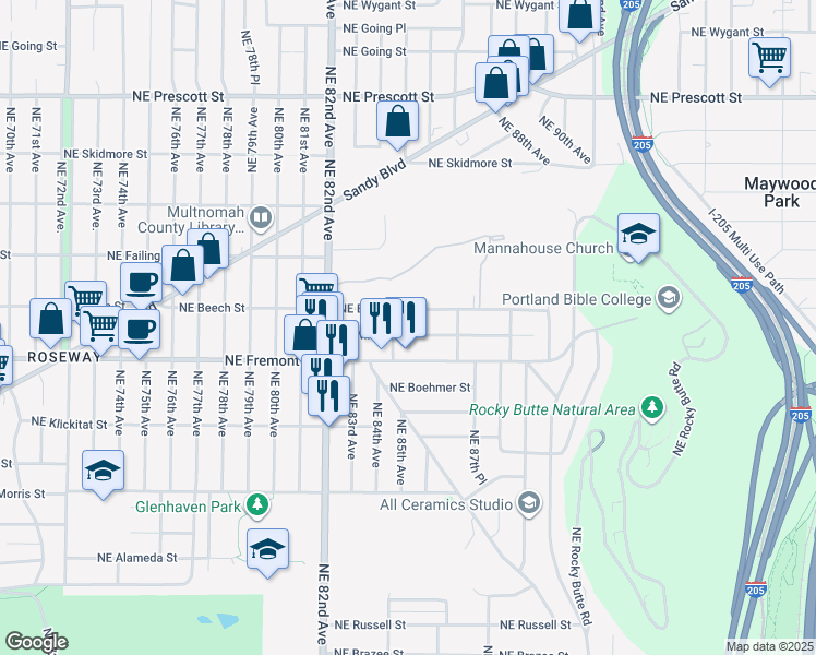 map of restaurants, bars, coffee shops, grocery stores, and more near 8525 Northeast Milton Street in Portland