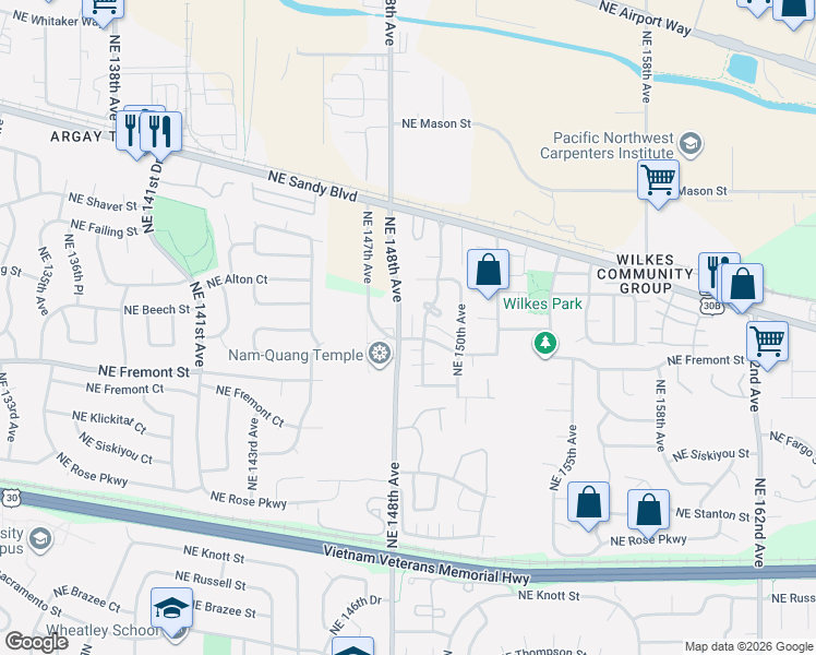 map of restaurants, bars, coffee shops, grocery stores, and more near 3534 Northeast 148th Avenue in Portland