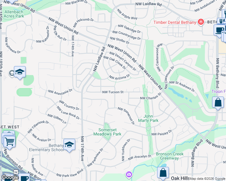 map of restaurants, bars, coffee shops, grocery stores, and more near 16919 Northwest Tucson Street in Beaverton