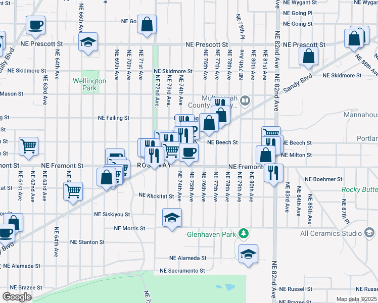 map of restaurants, bars, coffee shops, grocery stores, and more near 3613 Northeast 75th Avenue in Portland