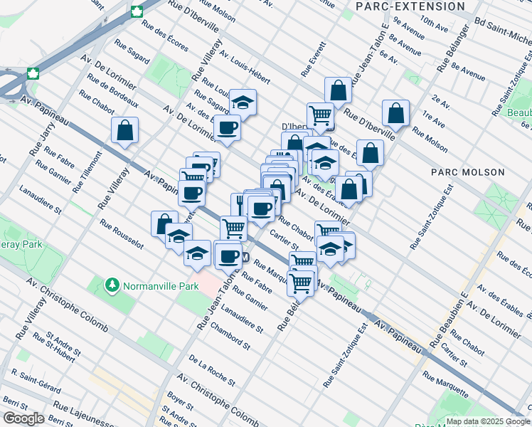 map of restaurants, bars, coffee shops, grocery stores, and more near in Montréal