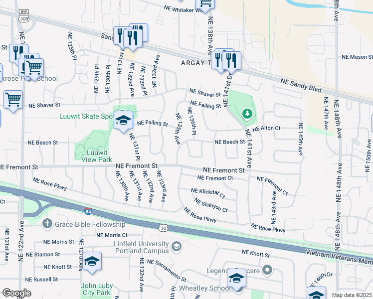 map of restaurants, bars, coffee shops, grocery stores, and more near 3621 Northeast 136th Avenue in Portland