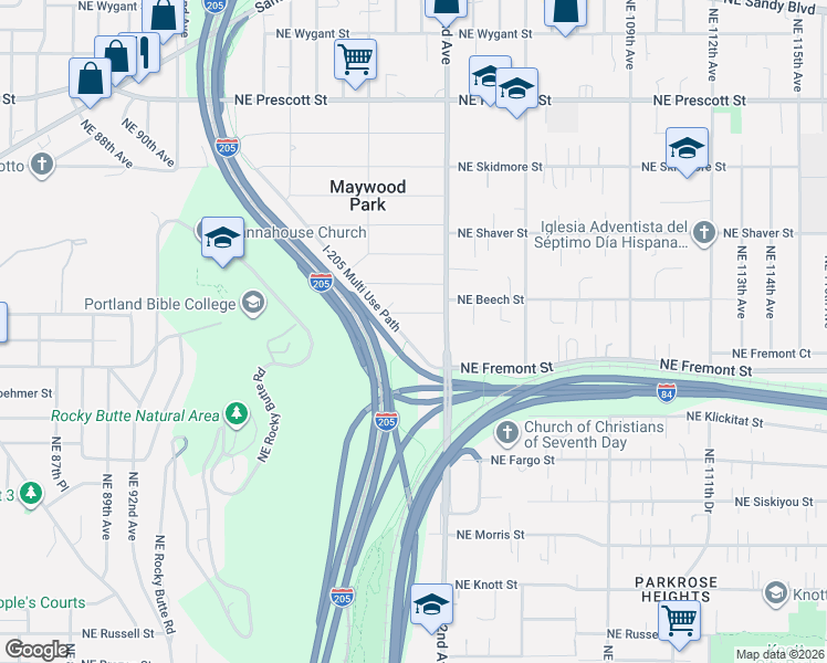 map of restaurants, bars, coffee shops, grocery stores, and more near 3606 Northeast Maywood Place in Portland