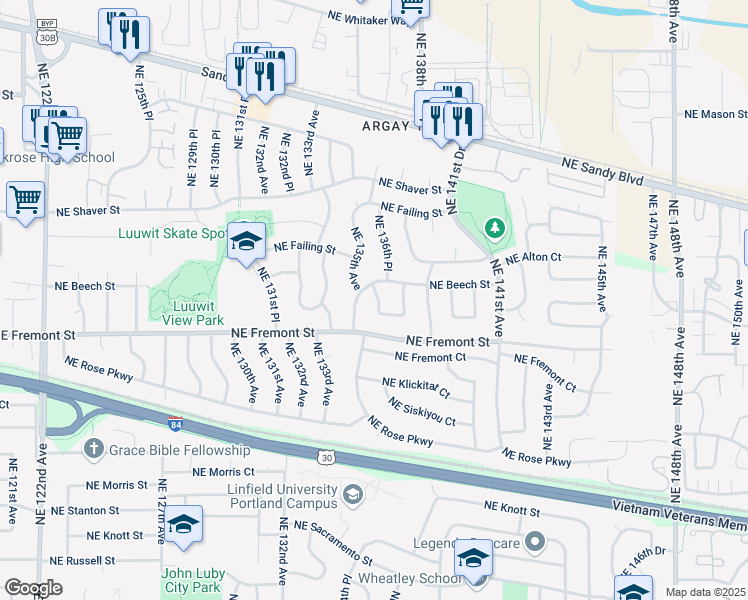 map of restaurants, bars, coffee shops, grocery stores, and more near 3621 Northeast 136th Avenue in Portland
