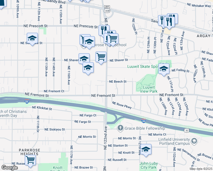 map of restaurants, bars, coffee shops, grocery stores, and more near 3571-3573 Northeast 122nd Avenue in Portland
