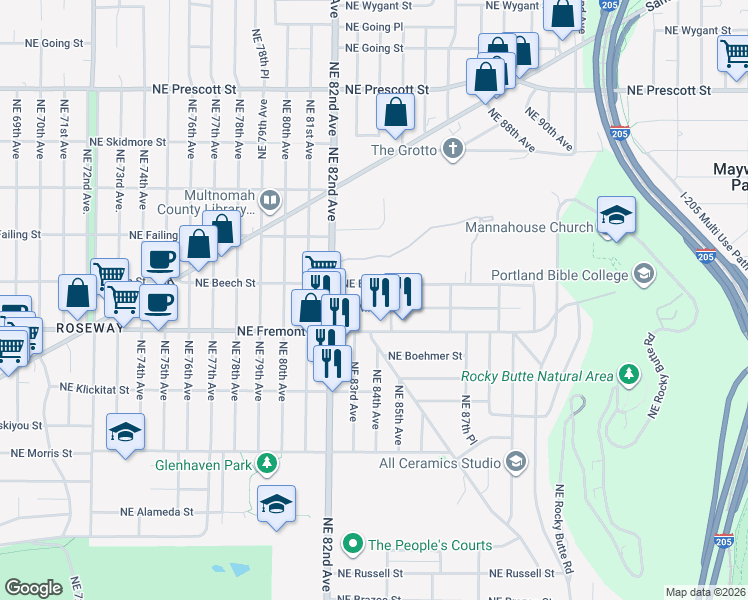 map of restaurants, bars, coffee shops, grocery stores, and more near 8335 Northeast Milton Street in Portland