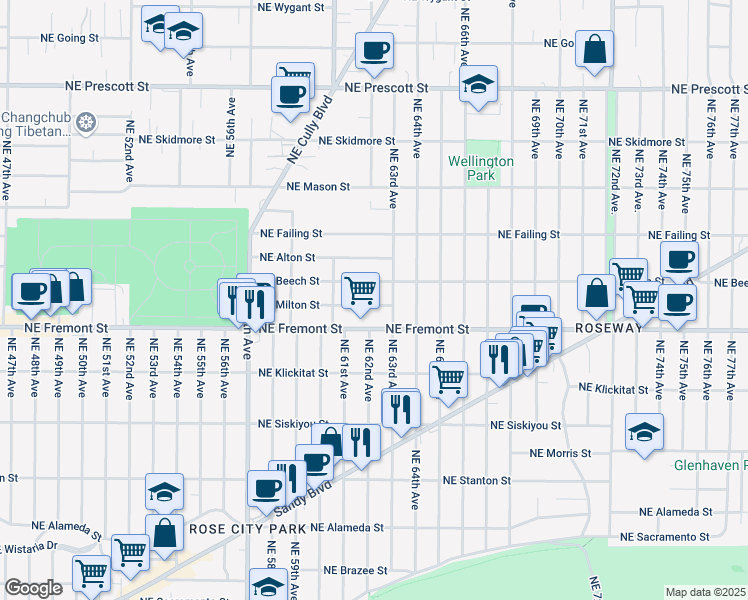 map of restaurants, bars, coffee shops, grocery stores, and more near 6166 Northeast Milton Street in Portland