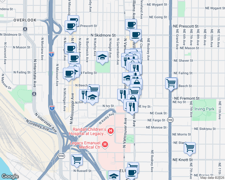map of restaurants, bars, coffee shops, grocery stores, and more near 3606 North Haight Avenue in Portland