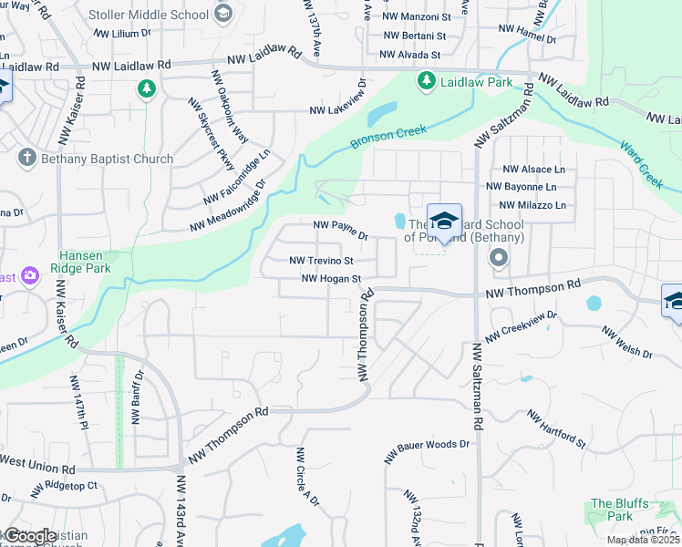 map of restaurants, bars, coffee shops, grocery stores, and more near 13605 Northwest Hogan Street in Portland