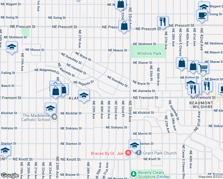map of restaurants, bars, coffee shops, grocery stores, and more near 3160 Northeast Alameda Street in Portland