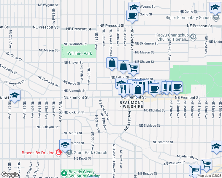 map of restaurants, bars, coffee shops, grocery stores, and more near 3605 Northeast Cesar E Chavez Boulevard in Portland