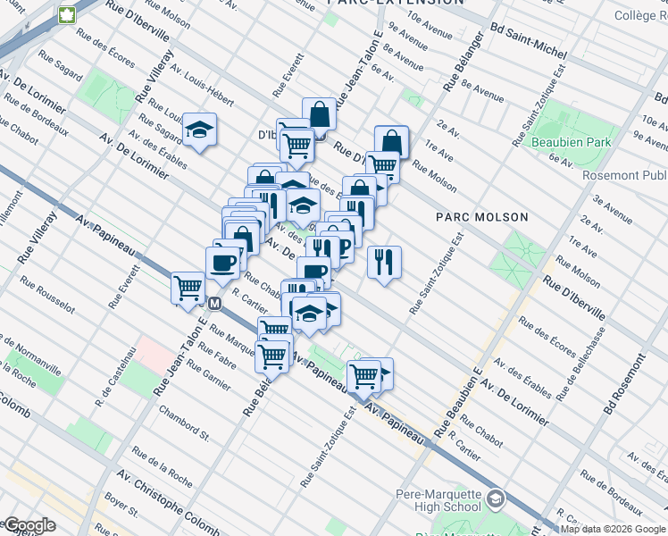 map of restaurants, bars, coffee shops, grocery stores, and more near in Montréal