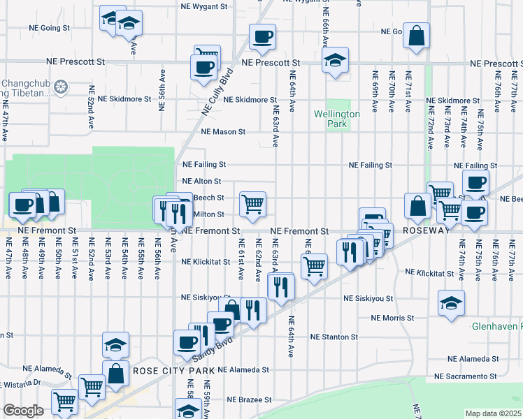 map of restaurants, bars, coffee shops, grocery stores, and more near 6166 Northeast Milton Street in Portland