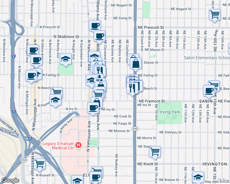 map of restaurants, bars, coffee shops, grocery stores, and more near 3620 Northeast Rodney Avenue in Portland