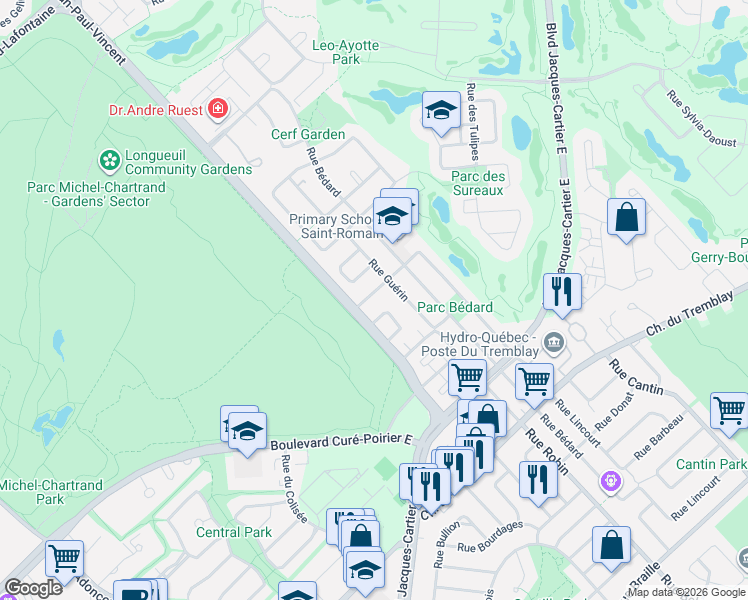 map of restaurants, bars, coffee shops, grocery stores, and more near 1824 Rue Grou in Longueuil