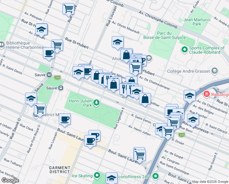 map of restaurants, bars, coffee shops, grocery stores, and more near 9191 Rue Lajeunesse in Montréal