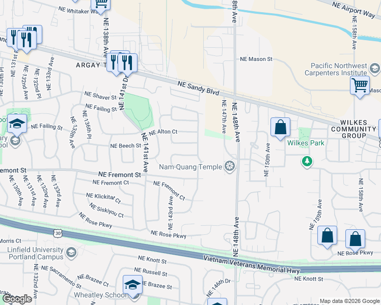map of restaurants, bars, coffee shops, grocery stores, and more near 14411 Northeast Beech Street in Portland