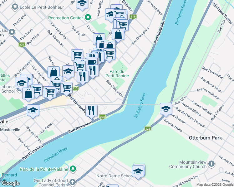 map of restaurants, bars, coffee shops, grocery stores, and more near 70 Rue Choquette in Beloeil