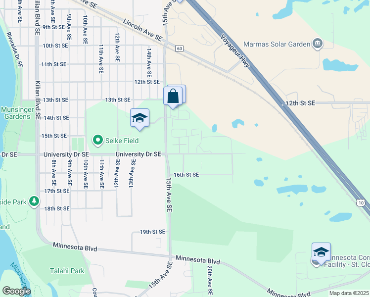map of restaurants, bars, coffee shops, grocery stores, and more near 1617 University Drive Southeast in St. Cloud