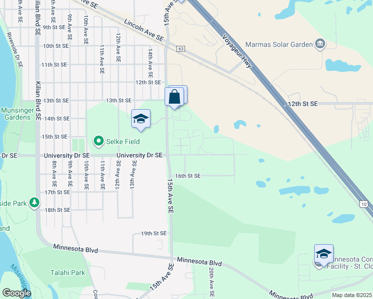 map of restaurants, bars, coffee shops, grocery stores, and more near 1617 University Drive Southeast in St. Cloud