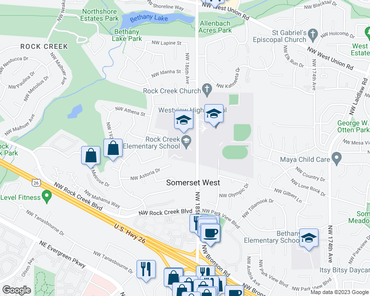 map of restaurants, bars, coffee shops, grocery stores, and more near 4125 Northwest 185th Avenue in Portland