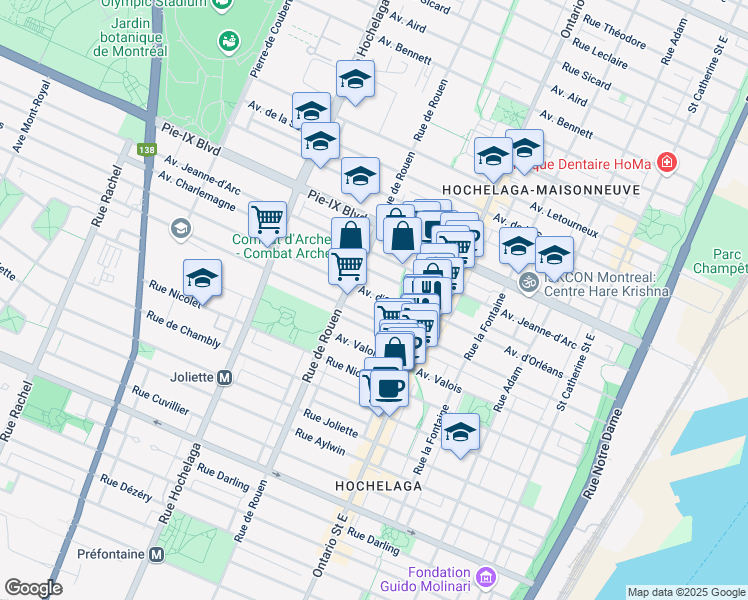 map of restaurants, bars, coffee shops, grocery stores, and more near 2150 Avenue d'Orléans in Montréal