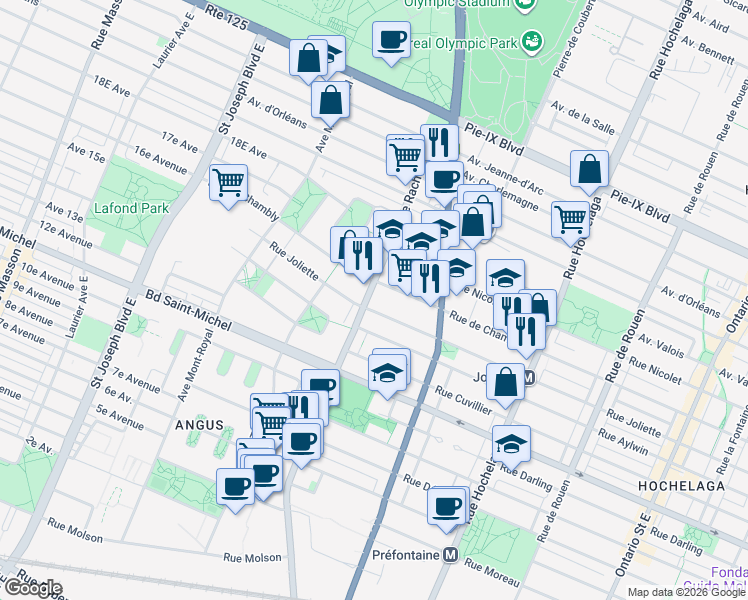 map of restaurants, bars, coffee shops, grocery stores, and more near 3600 Rue Rachel Est in Montrã©Al