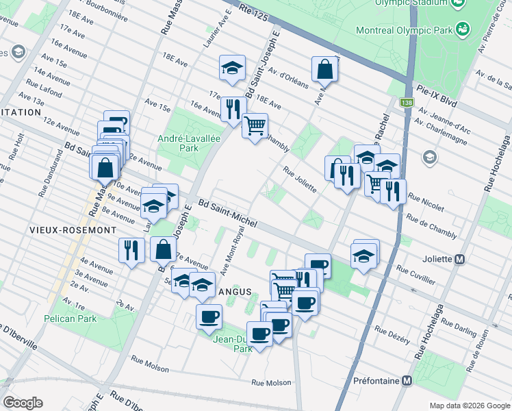 map of restaurants, bars, coffee shops, grocery stores, and more near 3422 Avenue du Mont-Royal Est in Montréal