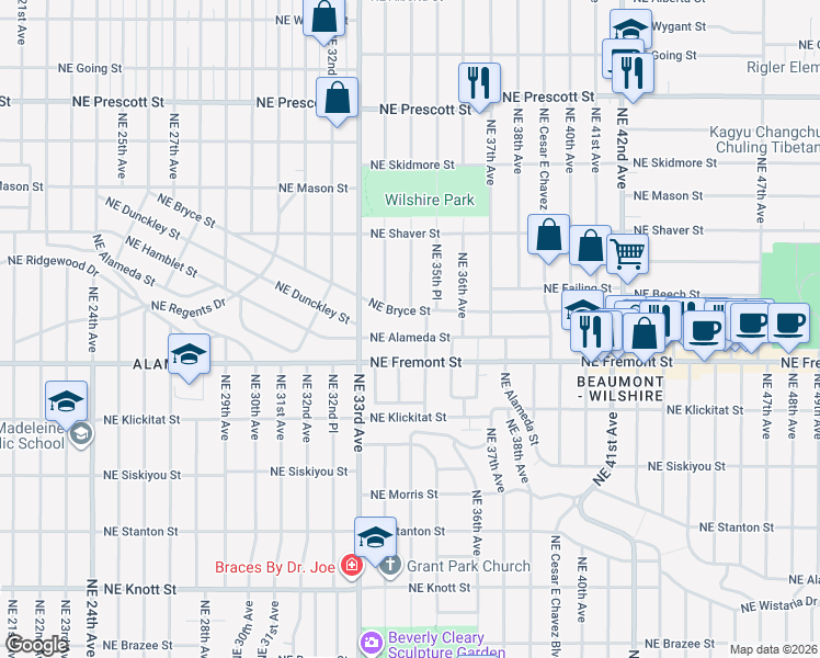 map of restaurants, bars, coffee shops, grocery stores, and more near 3431 Northeast Alameda Street in Portland
