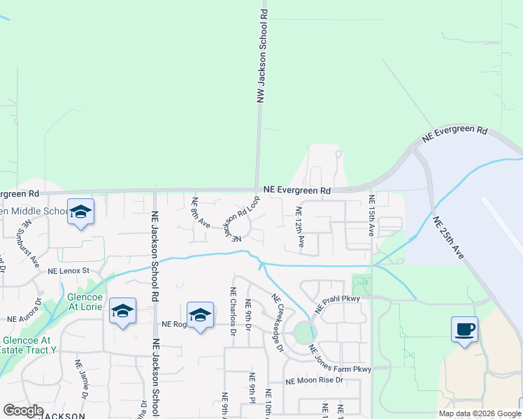 map of restaurants, bars, coffee shops, grocery stores, and more near 3362 Northeast Jackson Road Loop in Hillsboro
