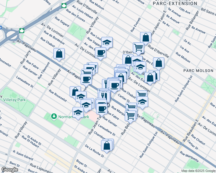 map of restaurants, bars, coffee shops, grocery stores, and more near 7235 Rue Cartier in Montréal