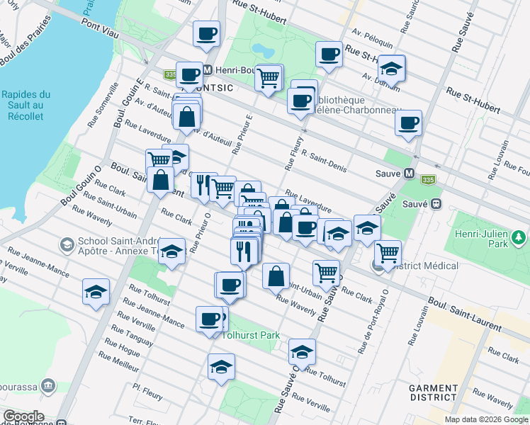 map of restaurants, bars, coffee shops, grocery stores, and more near 1345 Rue Fleury Est in Montréal