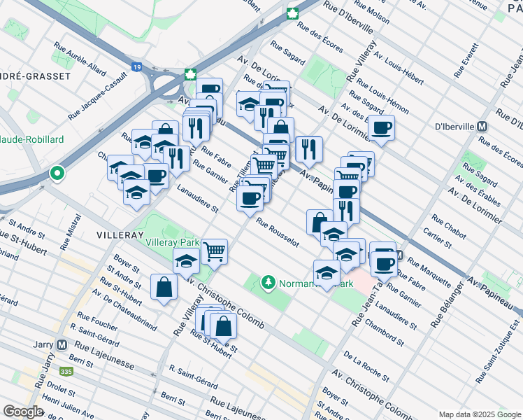 map of restaurants, bars, coffee shops, grocery stores, and more near 1414 Rue Villeray in Montréal