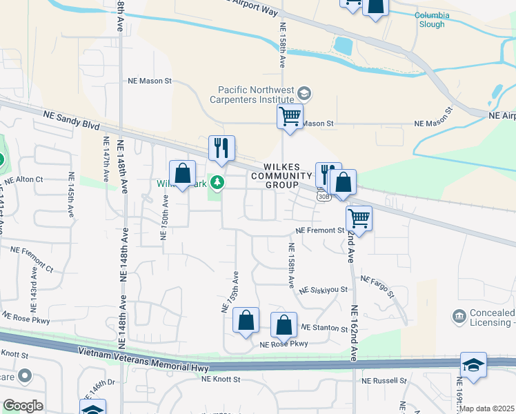 map of restaurants, bars, coffee shops, grocery stores, and more near 3619 Northeast 157th Avenue in Portland