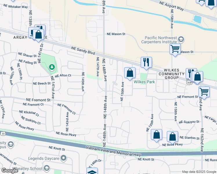 map of restaurants, bars, coffee shops, grocery stores, and more near 3526 Northeast 148th Avenue in Portland