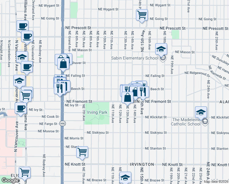 map of restaurants, bars, coffee shops, grocery stores, and more near 3607 Northeast 11th Avenue in Portland