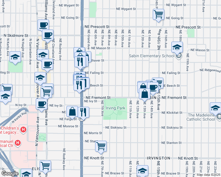 map of restaurants, bars, coffee shops, grocery stores, and more near 3605 Northeast 8th Avenue in Portland