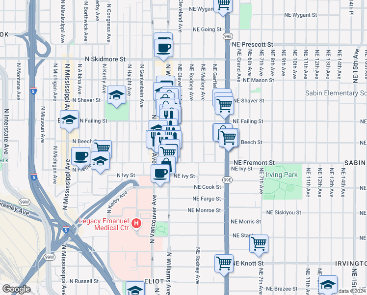 map of restaurants, bars, coffee shops, grocery stores, and more near 3606 Northeast Cleveland Avenue in Portland