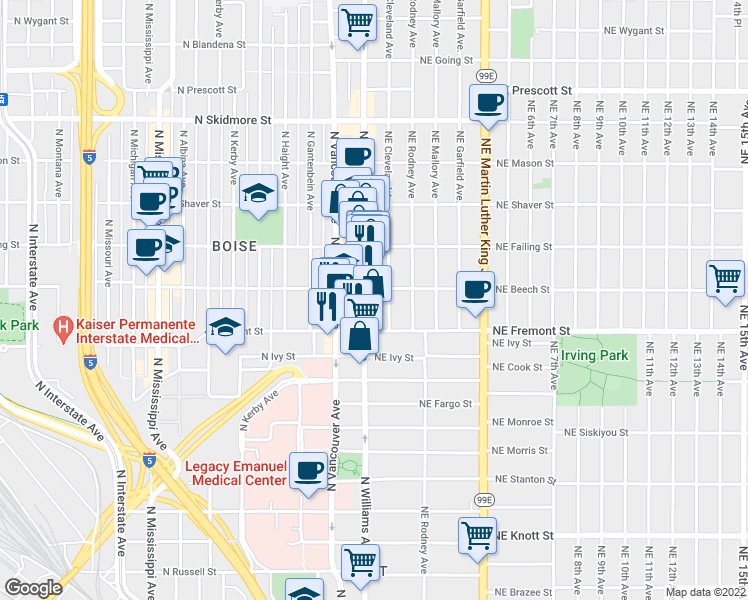 map of restaurants, bars, coffee shops, grocery stores, and more near 3537 North Williams Avenue in Portland