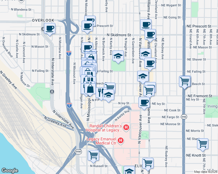 map of restaurants, bars, coffee shops, grocery stores, and more near 3606 North Borthwick Avenue in Portland