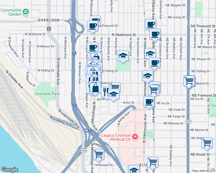 map of restaurants, bars, coffee shops, grocery stores, and more near 3606 North Borthwick Avenue in Portland