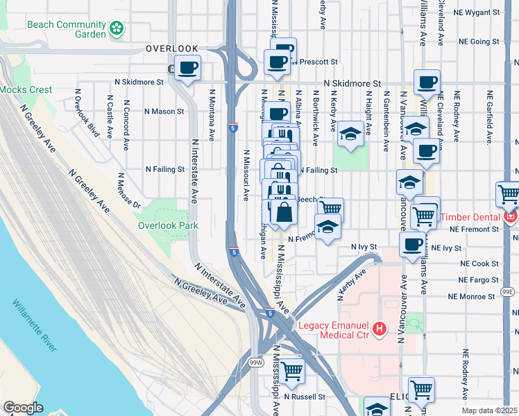 map of restaurants, bars, coffee shops, grocery stores, and more near 3618 North Missouri Avenue in Portland