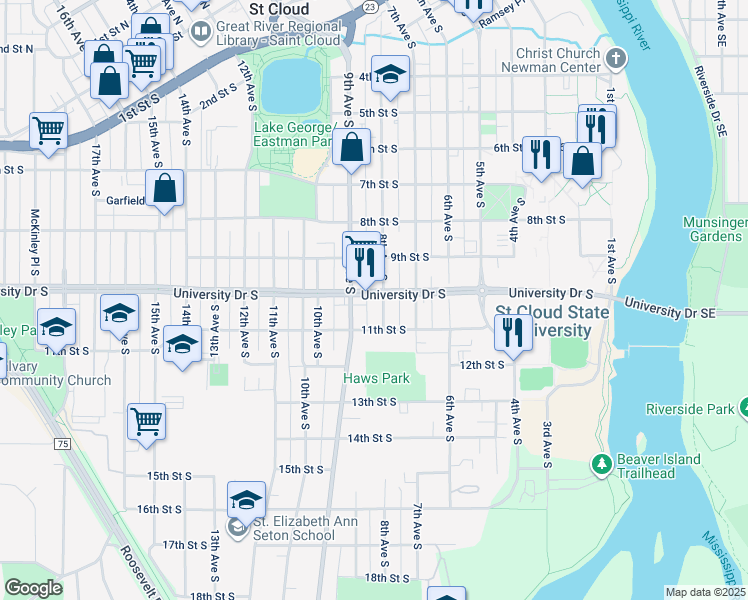 map of restaurants, bars, coffee shops, grocery stores, and more near 850 University Drive South in St. Cloud